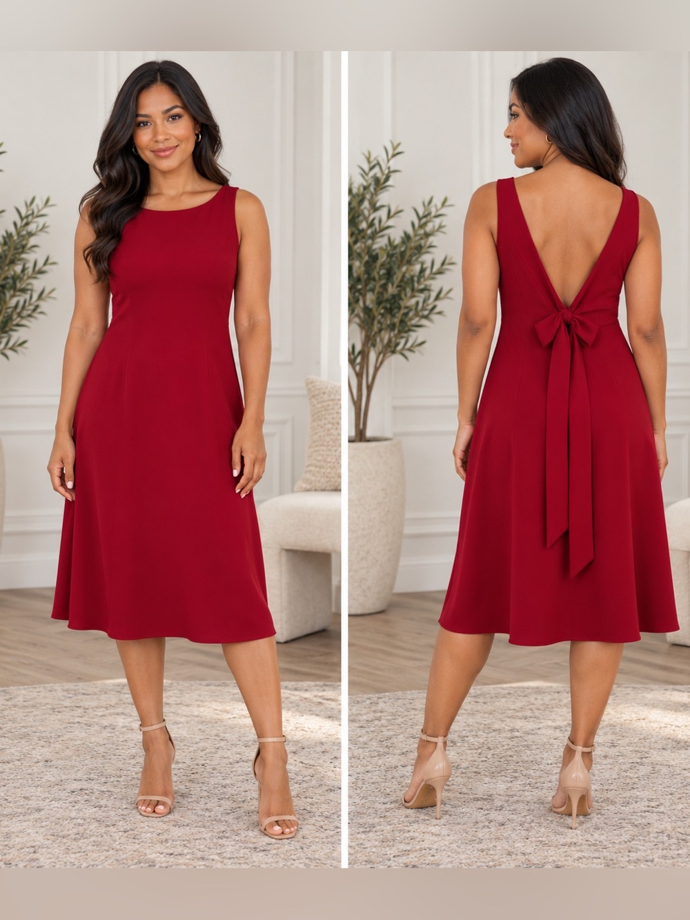 Watters & Watters Red Low Back Bow Midi Dress Size 8 Made in USA